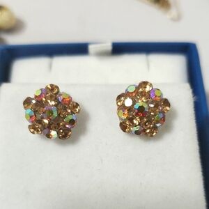 Estate Gold Crystal Cluster  Pierced Earrings